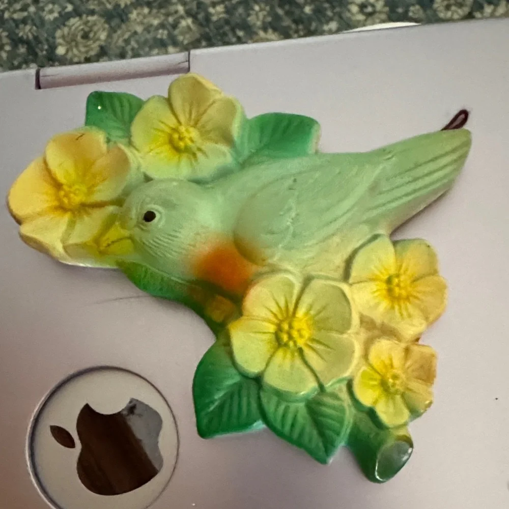Vintage Green & Yellow , Chalkware Decorative Bird Figurine with Floral Accents